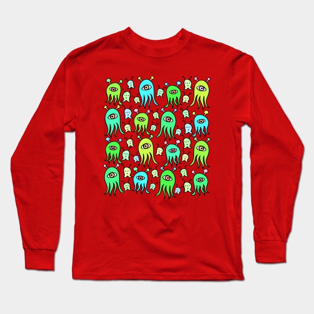 One Eyed Monsters and Scary Ghosts Pattern Long Sleeve T-Shirt by Davey's Designs